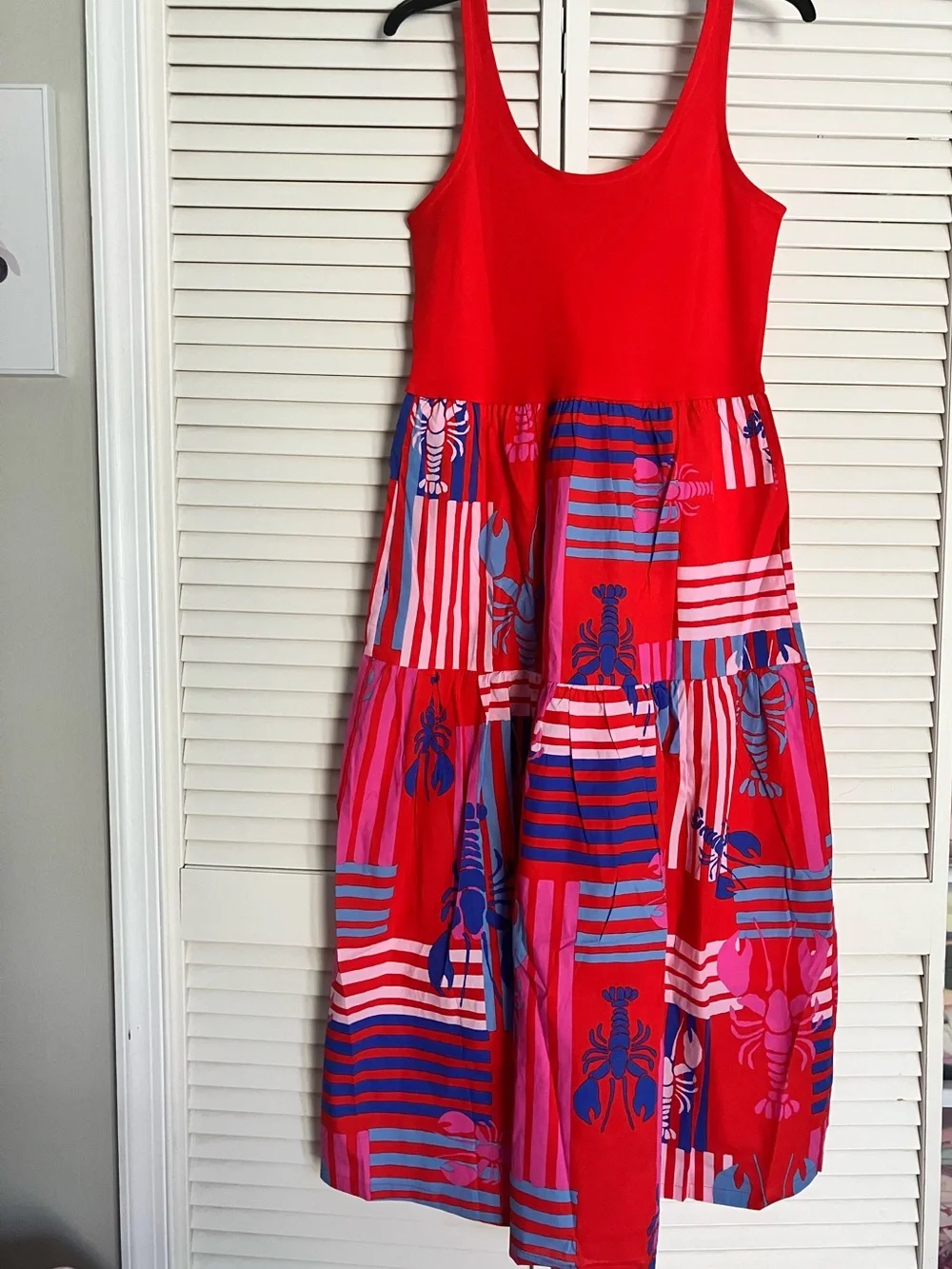NWT J Crew Tiered mixed-media midi dress (red, pink and blue) size small